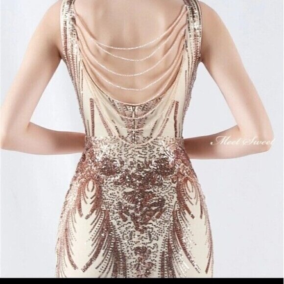 Gold, Double V, Beaded Back, Draped Skirt, Contrast Sequined Mermaid Gown - Picture 8 of 16